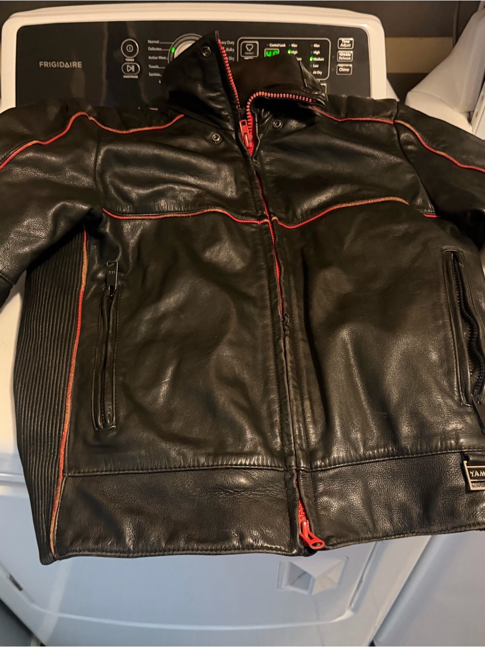 Yamaha Black Leather Bomber Jacket with Red Trim